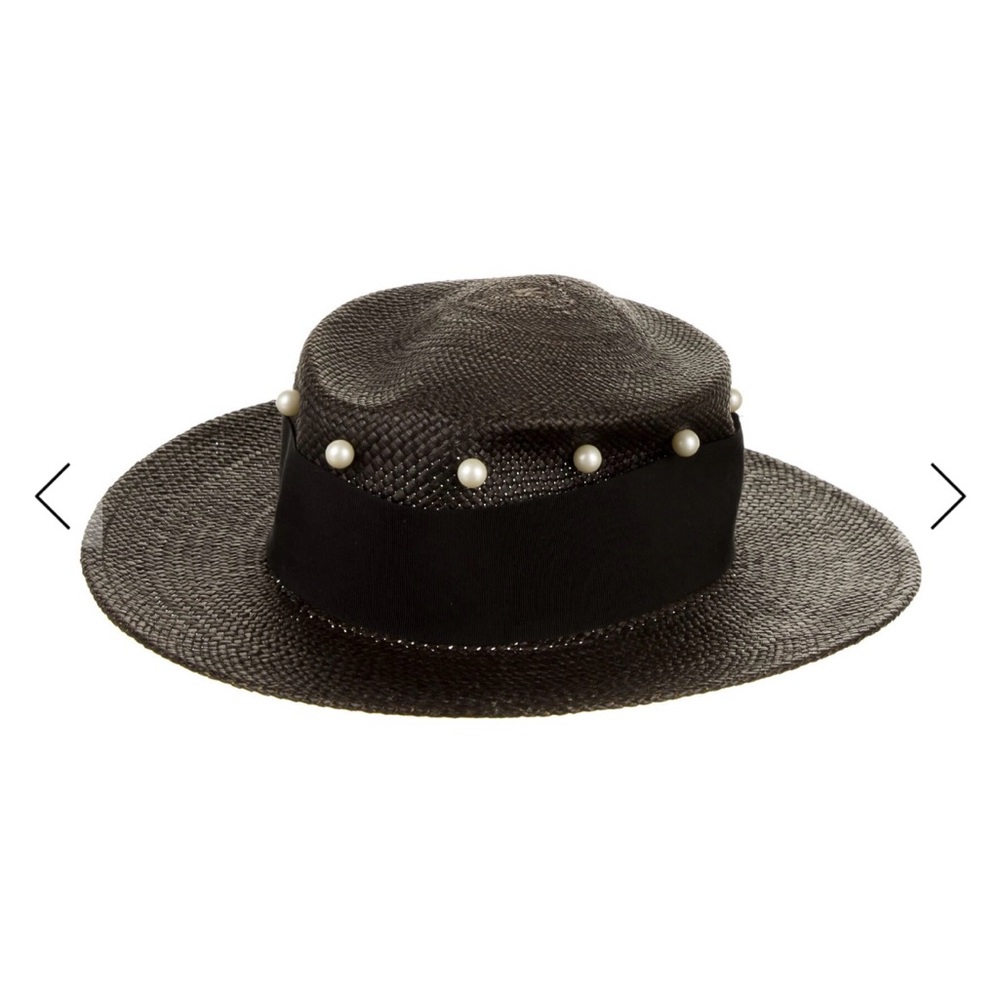 Federica Moretti Black Straw Hat with Pearl Accents